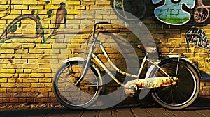 a vintage bicycle leaning casually against a vibrant brick wall adorned with colorful street art