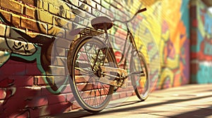 a vintage bicycle leaning casually against a vibrant brick wall adorned with colorful street art