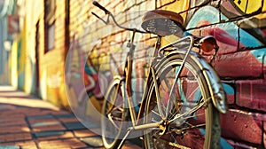 a vintage bicycle leaning casually against a vibrant brick wall adorned with colorful street art