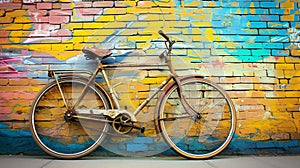 a vintage bicycle leaning casually against a vibrant brick wall adorned with colorful street art