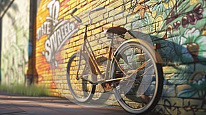 a vintage bicycle leaning casually against a vibrant brick wall adorned with colorful street art