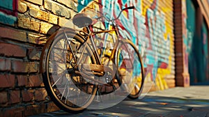 a vintage bicycle leaning casually against a vibrant brick wall adorned with colorful street art