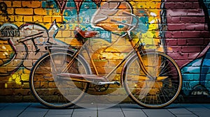 a vintage bicycle leaning casually against a vibrant brick wall adorned with colorful street art