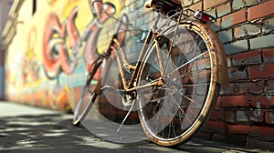 a vintage bicycle leaning casually against a vibrant brick wall adorned with colorful street art