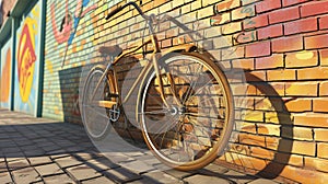 a vintage bicycle leaning casually against a vibrant brick wall adorned with colorful street art