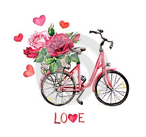 Vintage bicycle with pink and red rose flowers in basket, hearts, text Love. Watercolor illustration for Valentine day