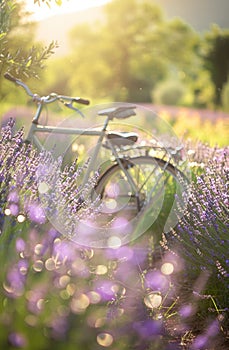 Vintage Bicycle Resting Amongst Vibrant Lavender Fields at Sunset