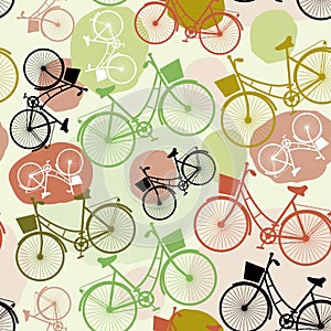 Vintage bicycles, , seamless pattern, pastel green brown beige colors