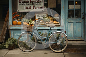 Vintage bike with a basket of fresh produce parked by a rustic organic farm shop