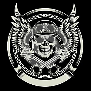 Vintage Biker Skull with Wings and Pistons Emblem