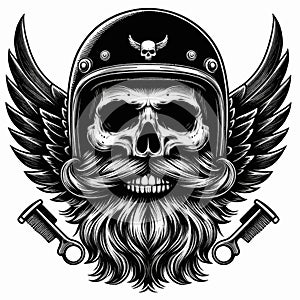 Vintage Biker Style Skull with Beard, Mustache, and Retro Helmet Vector