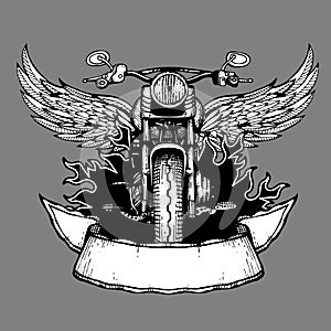 Vintage biker vector label, emblem, logo, badge with motorcycle