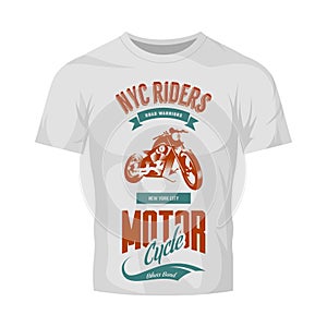 Vintage bikers club vector logo on white t-shirt mock up.