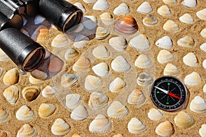 Vintage Binoculars, Compass and Seashells. Marine Background.