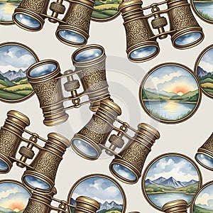 Vintage Binoculars with Scenic Landscapes Pattern
