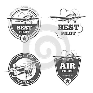 Vintage biplane and monoplane emblems vector set. Airplane  aircraft logos