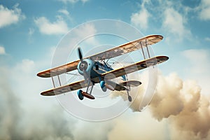 Vintage biplane performing aerobat in sky with clouds of smoke. Generative AI