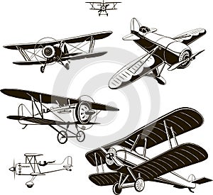 Vintage biplanes set vector black old, logo, emblem, label