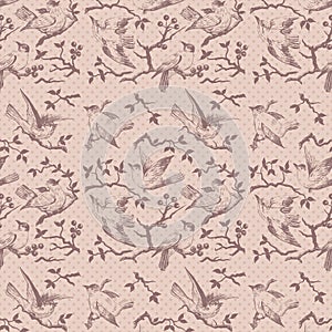 Vintage bird seamless repeatable pattern in pink