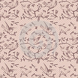 Vintage bird seamless repeatable pattern in pink