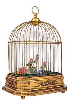 Vintage birdcage with fake little birds isolated on white