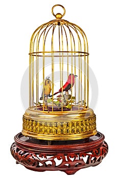 Vintage birdcage with fake little birds isolated on white