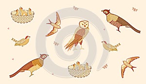 Vintage birds collection isolated on light background. Vector illustration photo