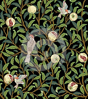Vintage birds in foliage with birds and fruits seamless pattern on dark background. Middle ages William Morris style photo