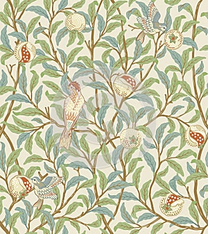 Vintage birds in foliage with birds and fruits seamless pattern on light beige background. Middle ages William Morris