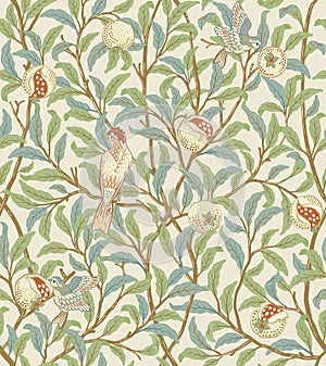 Vintage birds in foliage with birds and fruits seamless pattern on light beige background. Middle ages William Morris photo