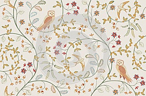 Vintage birds in foliage with flowers seamless pattern on light background. Middle ages William Morris style. Vector
