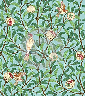 Vintage birds in foliage with birds and fruits seamless pattern on light green background. Middle ages William Morris photo