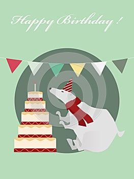 Vintage Birthday greeting card with funny white bear and cake