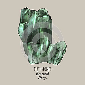 Vintage birthstones, Emerald gemstone, May magic illustration