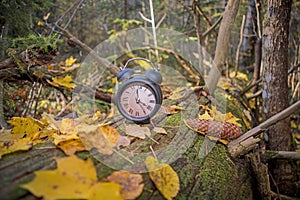 Vintage black alarm clock on autumn leaves. Time change abstract photo.