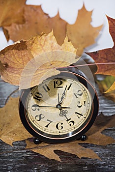 Vintage black alarm clock on autumn leaves. Time change abstract photo. Daylight saving time