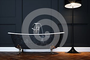 Vintage black bathtub with silver legs in antique interior with