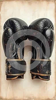 Vintage black boxing gloves with golden wear marks against a grunge background. Concept of vintage boxing equipment