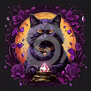 A Vintage Black Cat\'s Journey Through Dark Academia, Infused with Vibrant Purple Hues and Mystical Crystals