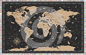 Vintage Black Golden World Map - Vector Illustration