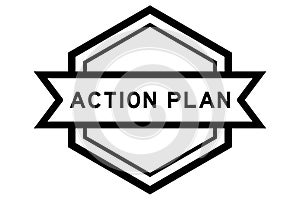 Vintage black hexagon label banner with word action plan on white background