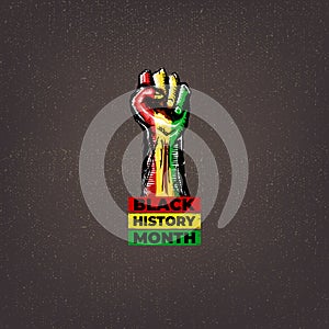 Vintage Black history month square banner with protest raised fist colored in African flag isolated on brown background