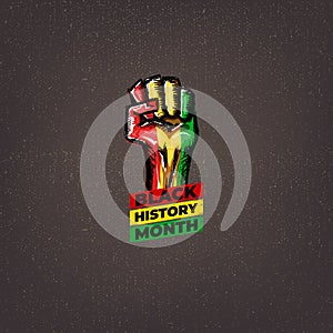 Vintage Black history month square banner with protest raised fist colored in African flag isolated on brown background