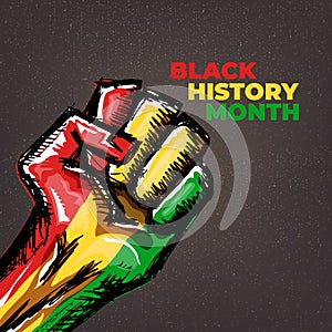 Vintage Black history month square banner with protest raised fist colored in African flag isolated on brown background