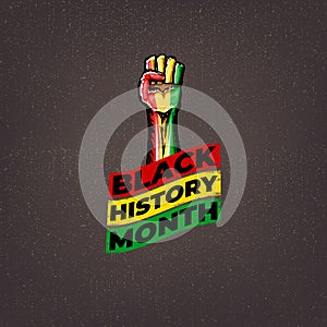 Vintage Black history month square banner with protest raised fist colored in African flag isolated on brown background