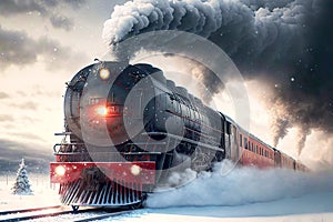 Vintage black Polar Express Train with steam locomotive races on snow-covered rails
