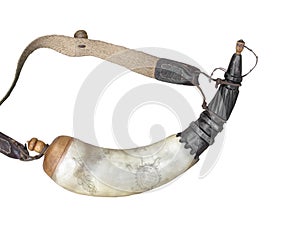 Vintage black powder horn isolated