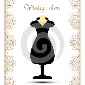 Vintage black short dress on mannequin with line lace borders for icon.