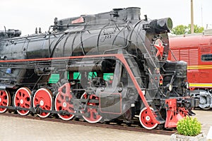 Vintage black steam locomotive old train.