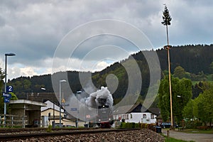 Vintage black steam locomotive train rush railway.